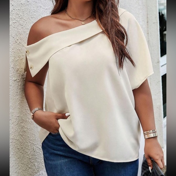 Plus size button detail one shoulder short sleeve blouse - Picture 1 of 5